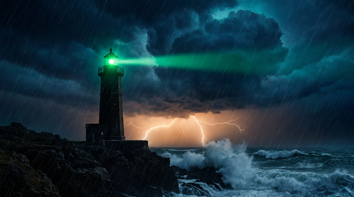 A lighthouse with a green beacon shining calmly while a storm rages behind it, the status page saying all clear while the outage hits