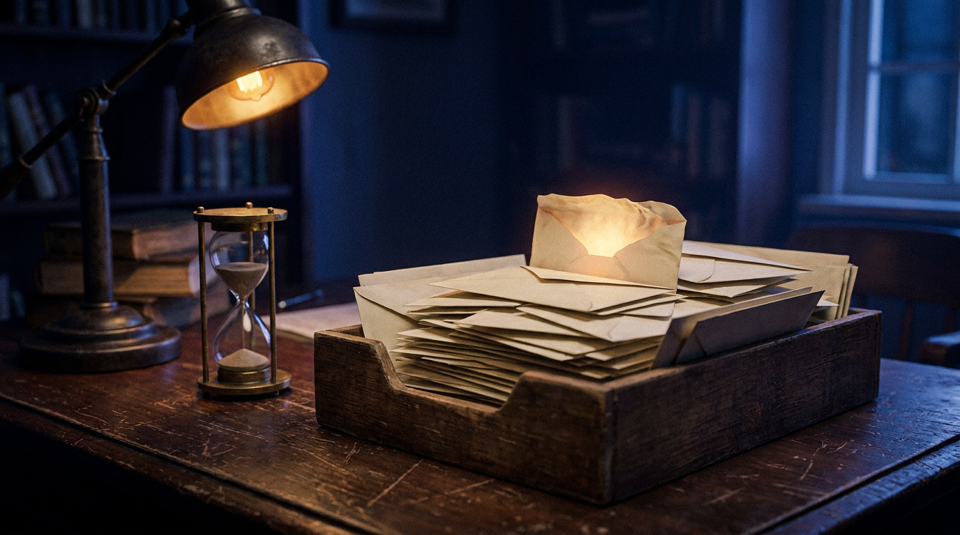 An overflowing inbox tray of unopened envelopes on a desk at night, one envelope glowing golden from within, an hourglass nearly empty beside it, symbolizing SLA credits left unclaimed